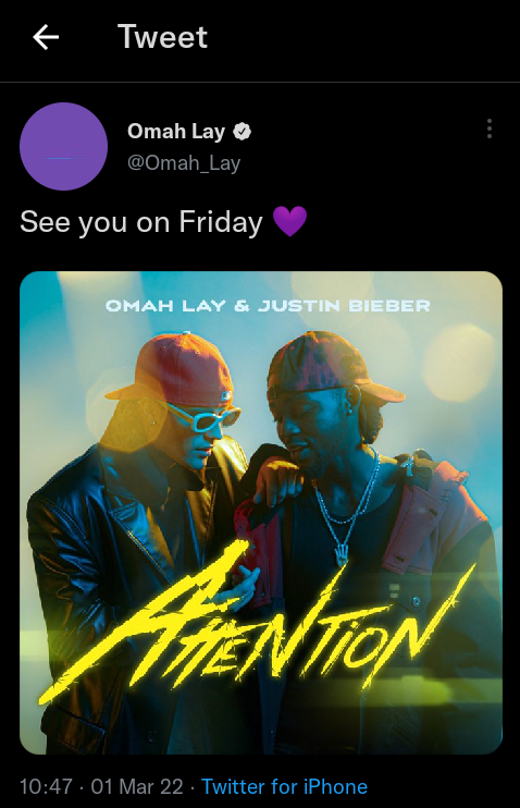 Omah Lay Unveils Title &Amp; Artwork For His Song With Justin Bieber, Yours Truly, News, March 25, 2023