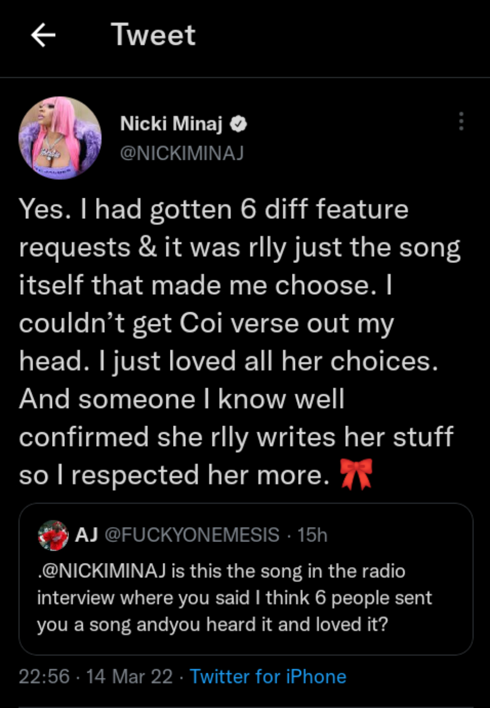 Nicki Minaj Makes It Clear Why She Had Her Verse Initially Pulled From Coi Leray Collab, Yours Truly, News, September 30, 2022