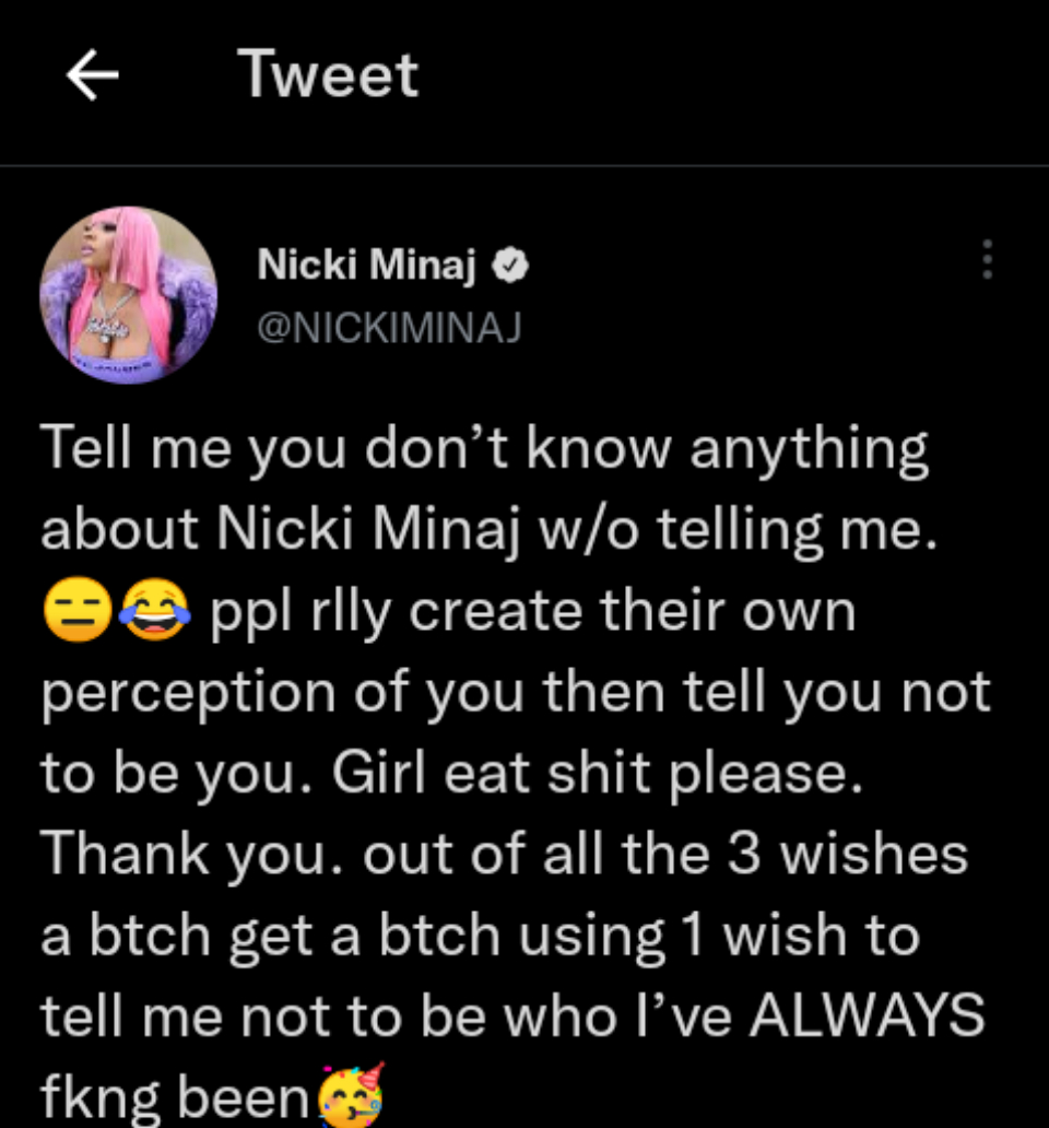Nicki Minaj Goes Off On Twitter User Who Calls Her Unauthentic: &Quot;Eat Sh*T Please&Quot;, Yours Truly, News, May 8, 2024
