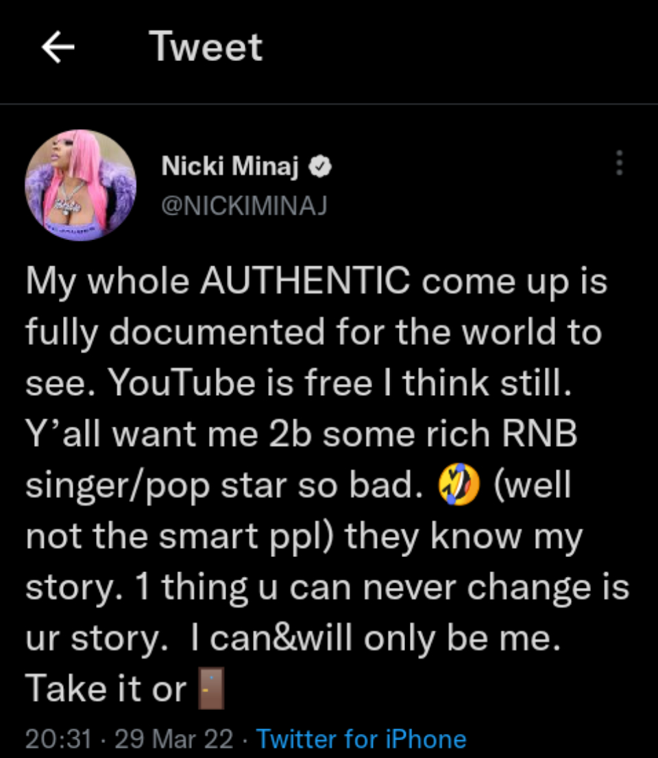 Nicki Minaj Goes Off On Twitter User Who Calls Her Unauthentic: &Quot;Eat Sh*T Please&Quot;, Yours Truly, News, April 27, 2024