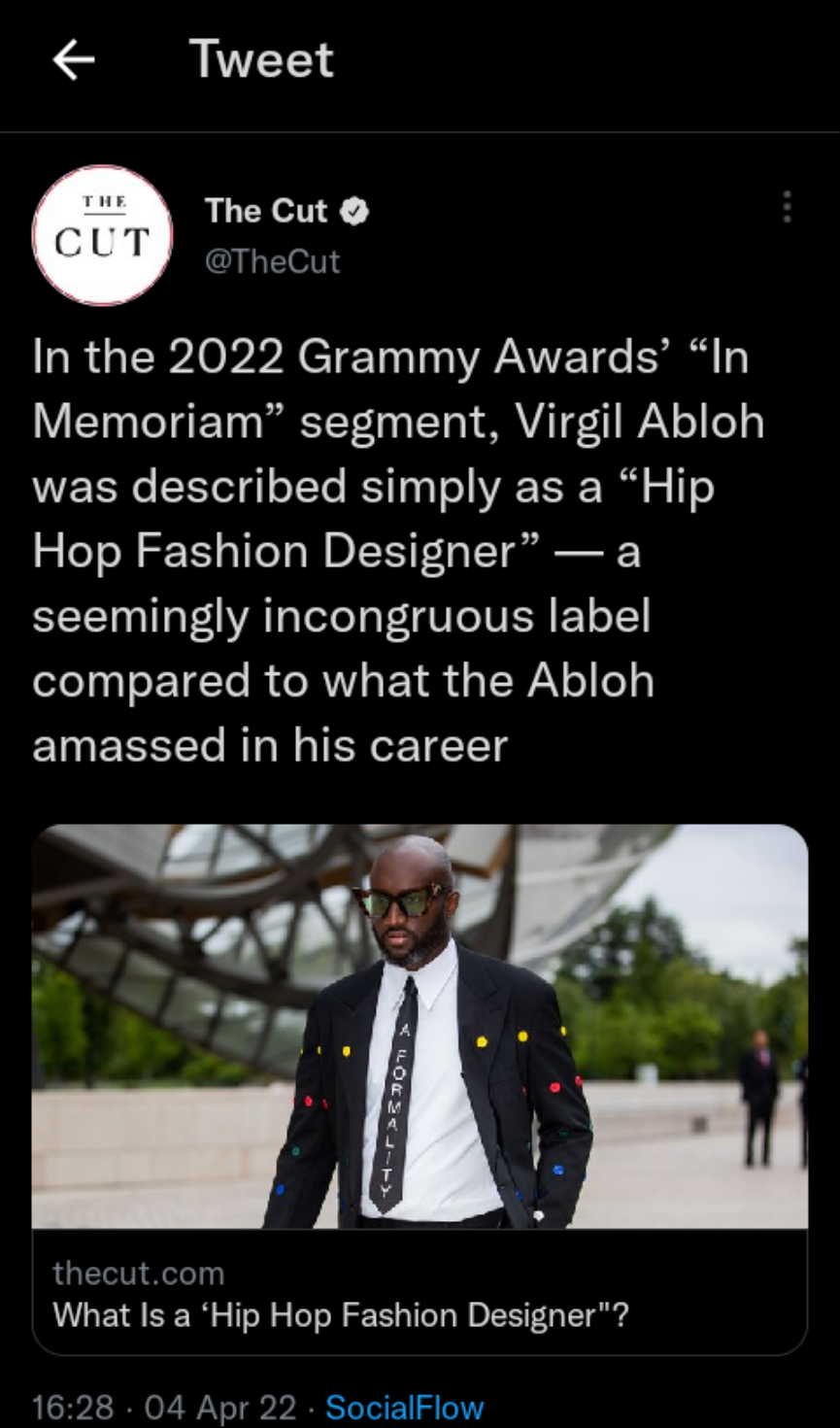 Grammys Hit With Major Online Backlash For Labeling Virgil Abloh A &Quot;Hip Hop Fashion Designer&Quot;, Yours Truly, News, September 25, 2022