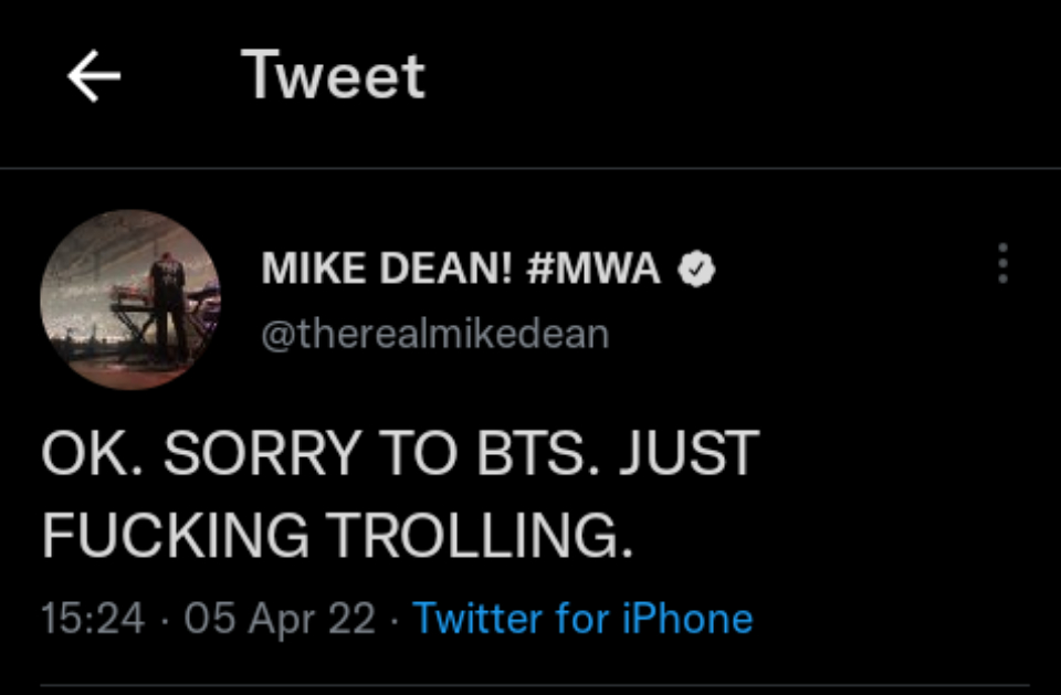 Mike Dean Apologizes After Being Dragged By Bts Army Over Trolling Comment, Yours Truly, News, October 4, 2022