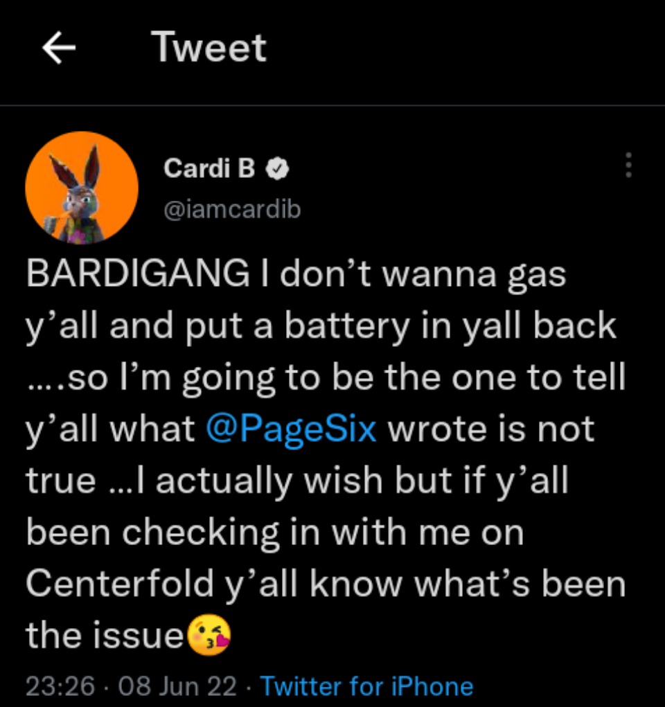 &Quot;Not True,&Quot; Cardi B Says In Response To A &Quot;Page Six&Quot; Report That She Will Release Music Next Week, Yours Truly, News, February 23, 2024
