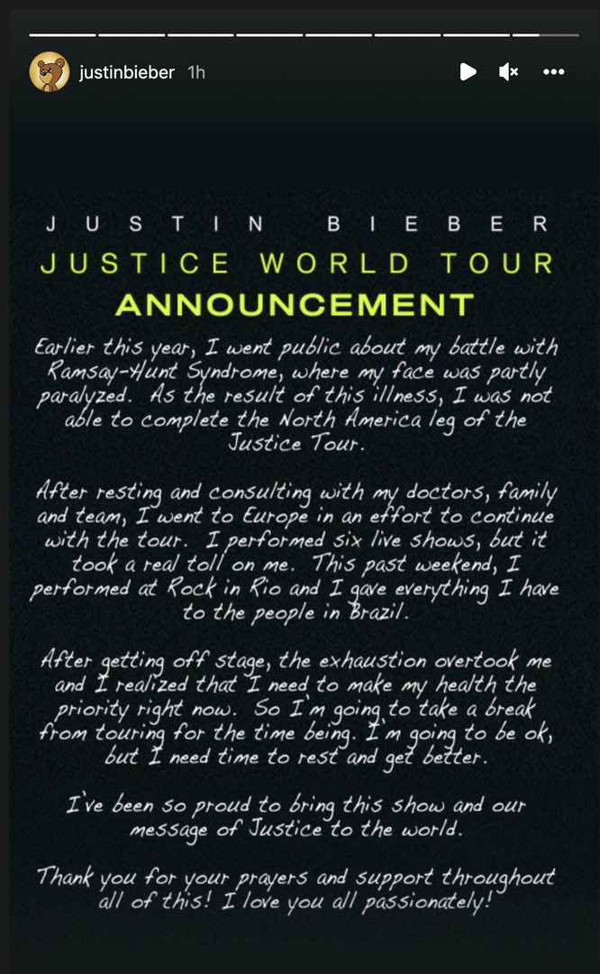 Justin Bieber Suspends World Tour Due To Health Reasons, Yours Truly, News, December 2, 2023