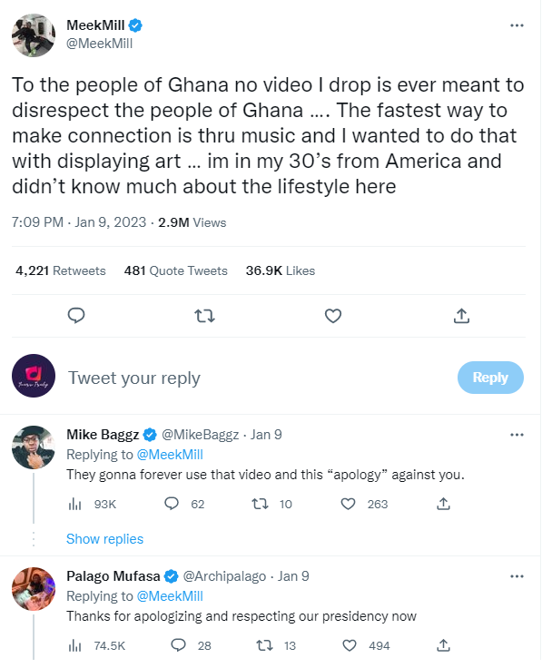 Meek Mill Issues An Apology To Ghanaians Regarding The Presidential Villa Video, Yours Truly, News, April 2, 2023