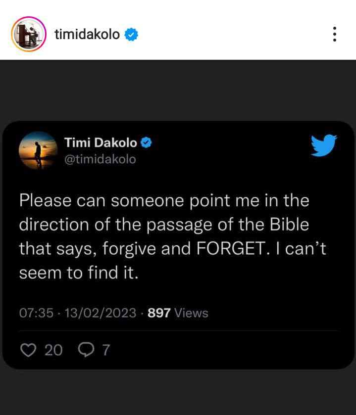 Timi Dakolo Questions Which Biblical Verse Says To &Quot;Forgive And Forget&Quot;, Yours Truly, News, October 4, 2023