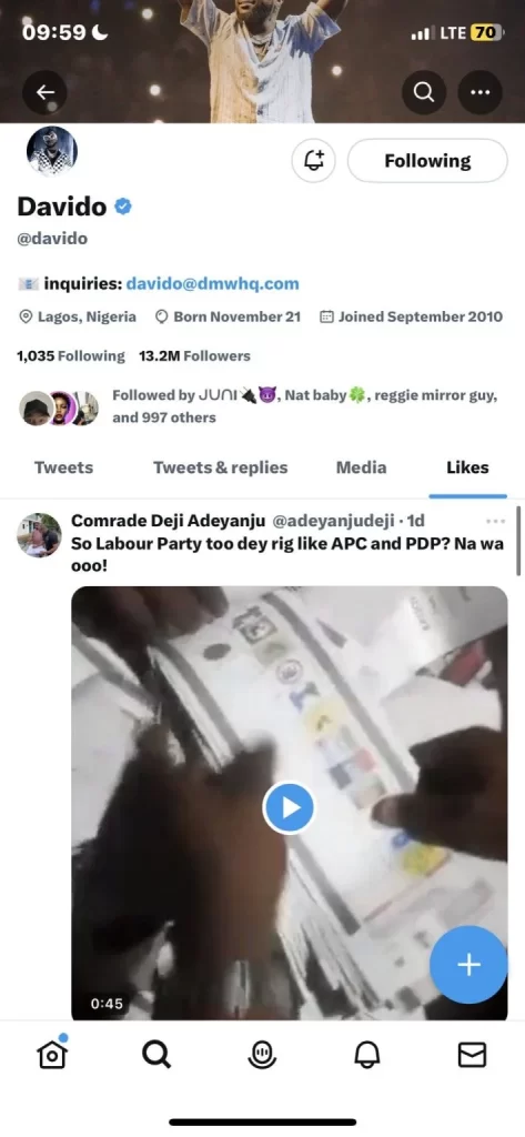 2023 Elections: Fans Blast Davido For 'Liking' Negative Tweet About Labour Party, Yours Truly, Top Stories, September 23, 2023