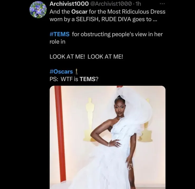2023 Oscars: Tems Receives Criticism For Awards Outfit, Yours Truly, News, April 2, 2023
