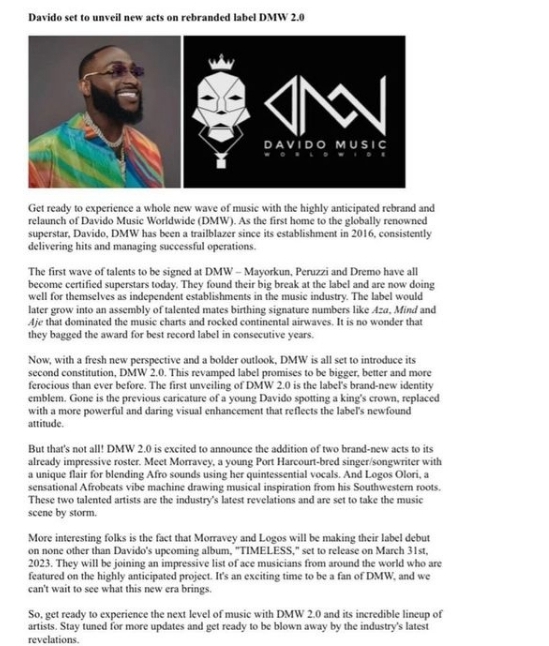 Dmw 2.0: Davido Signs Two New Artistes Logos Olori, Morravey To Rebranded Dmw Label, Yours Truly, News, April 25, 2024
