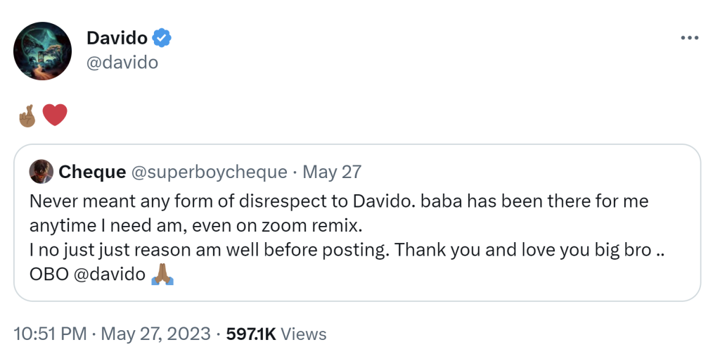 Davido Responds To Cheque'S Apology, Yours Truly, News, November 29, 2023