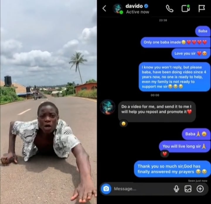 Thank You Davido!: Young Nigerian Comedian Rolls On The Floor Following Davido'S Response To Him, Leaks Chat, Yours Truly, News, April 27, 2024
