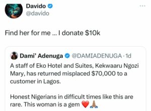 Davido Presents Ngozi Mary, A Hotel Employee, With $10K For Returning Misplaced $70K, Yours Truly, News, April 29, 2024