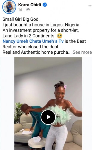 Korra Obidi Jumps With Joy After Purchasing A New House In Lagos, Yours Truly, News, May 14, 2024