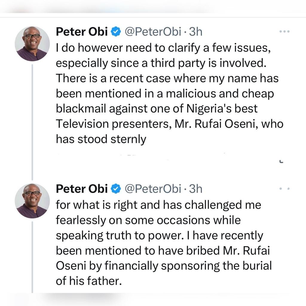 Peter Obi Debunks Reno Rumors Of Bribing Popular Media Personality And Arise Tv’s Rufai Oseni; Labels Him A Man Of Integrity Who Speaks The Truth, Yours Truly, Top Stories, November 29, 2023