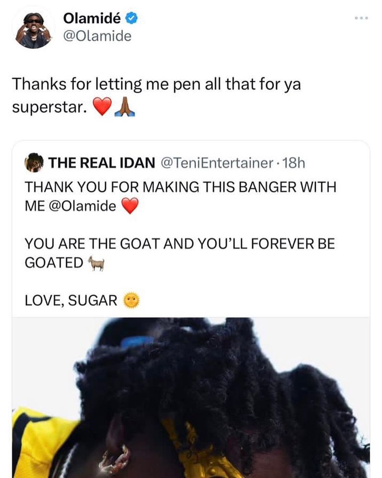 Teni Lauds Olamide'S Contribution To Her Latest Single; Calls Ybnl Ceo &Quot;The Goat&Quot; In Tweet As Baddoo Reacts, Yours Truly, News, May 9, 2024