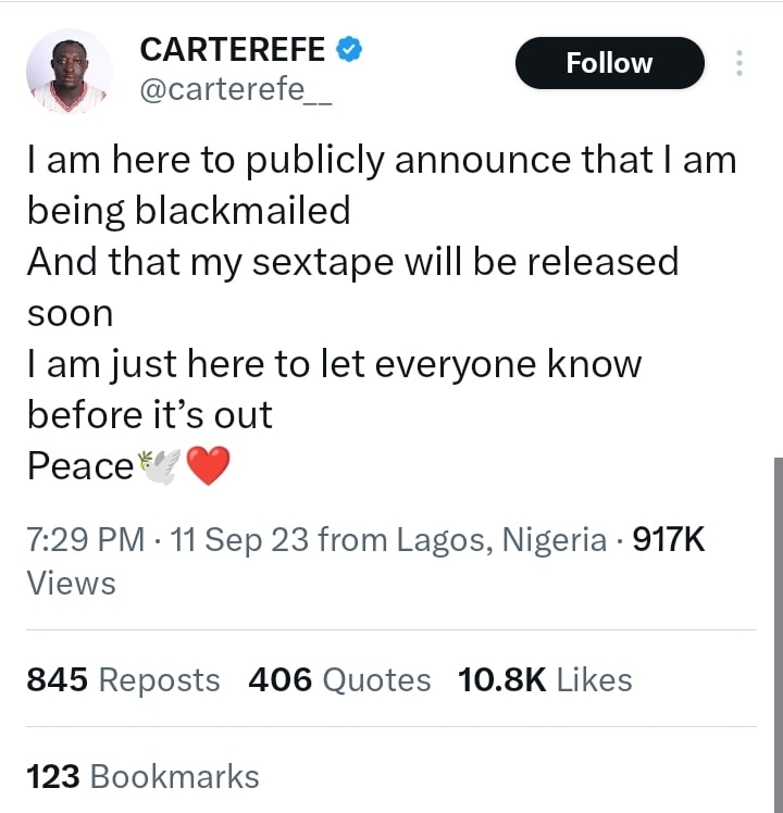 Skit Maker Carter Efe Cries Out Blackmail As His S*Xtape Is Threatened To Be Leaked On Social Media, Yours Truly, Top Stories, December 1, 2023