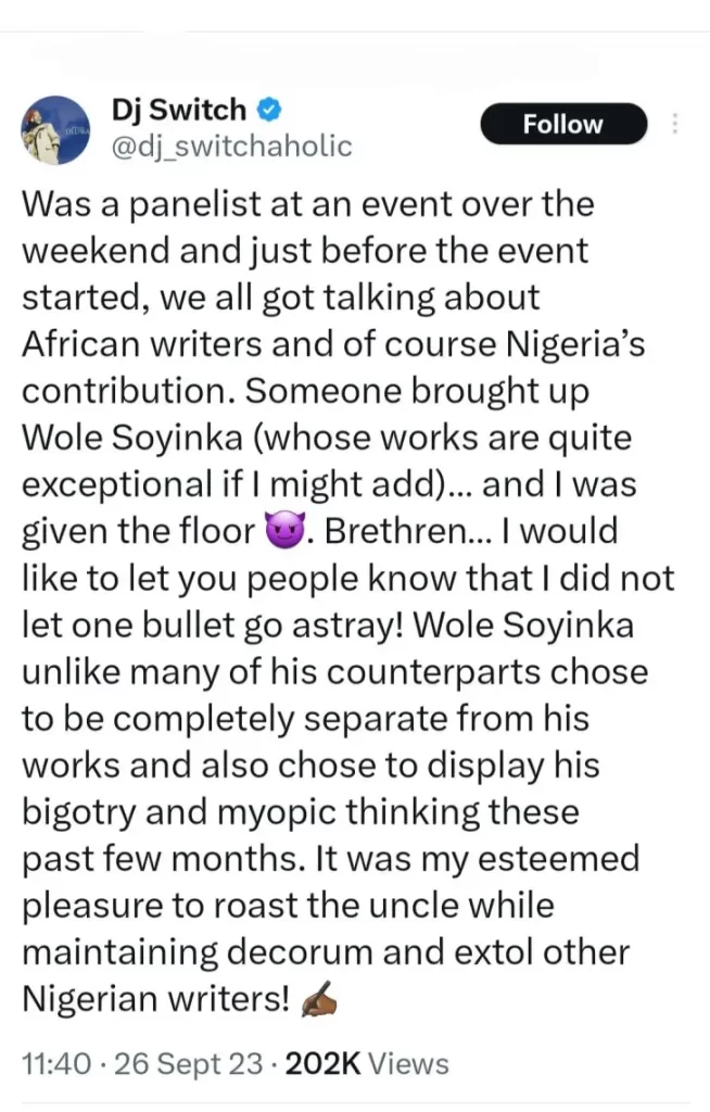 Dj Switch'S Bold Remarks On Wole Soyinka Spark Discussions, Yours Truly, News, April 28, 2024