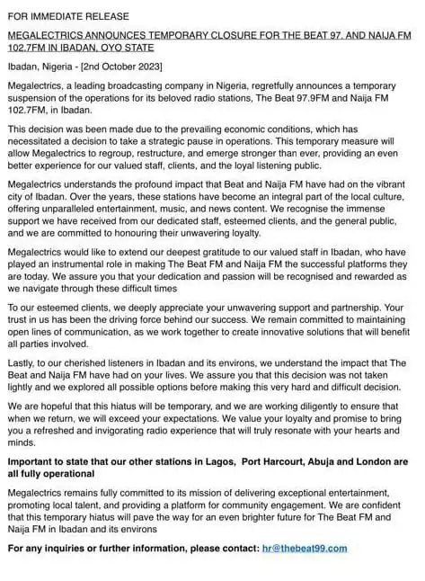 Megalectrics Announce Temporary Closure Of Radio Stations Beat 97.9 And Naijafm In Ibadan, Yours Truly, News, April 26, 2024