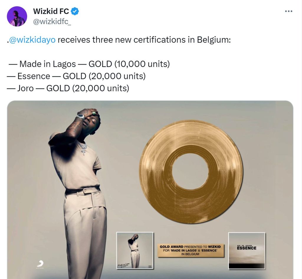 Wizkid Achieves Another Career Milestone; Gets Multiple Gold Certifications In Belgium, Yours Truly, News, May 8, 2024