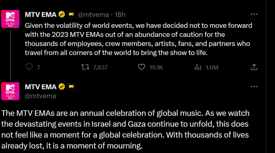 Reasons Why The Mtv Europe Music Awards (Ema) 2023 Has Been Cancelled, Yours Truly, News, April 28, 2024