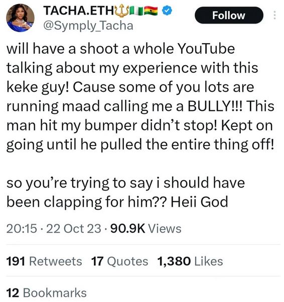 Tacha Speaks Up After Being Seen Arguing With A Keke Driver For Hitting Her Car, Yours Truly, News, April 27, 2024