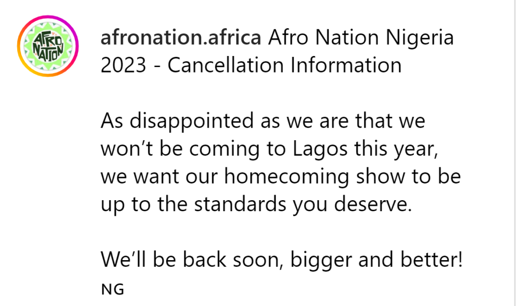 Afro Nation Nigeria 2023 Disheartening Cancellation, Yours Truly, News, May 17, 2024