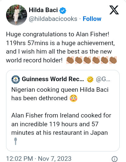 Hilda Baci Reacts To Her Guinness World Record Loss To An Irish Chef, Yours Truly, News, April 28, 2024