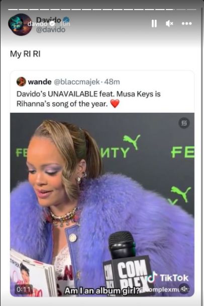 Rihanna Names Davido'S &Quot;Unavailable&Quot; As Her Song Of The Year, Yours Truly, News, May 4, 2024