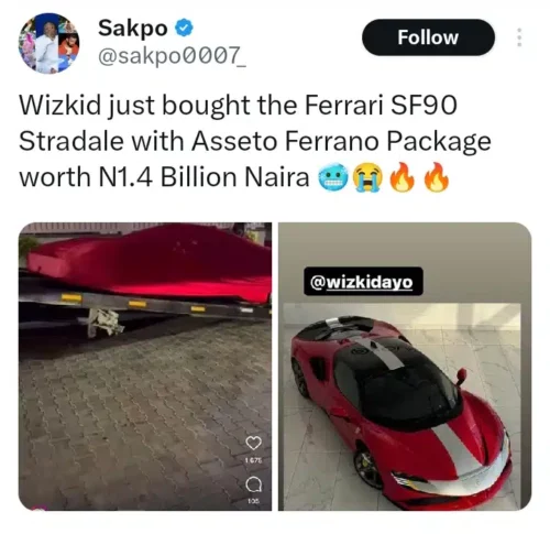 Wizkid Reportedly Acquires New Ferrari Sf90, Yours Truly, News, April 27, 2024