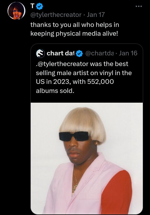 Tyler, The Creator Named Top-Selling Male Artist On Vinyl In 2023, Yours Truly, News, May 14, 2024
