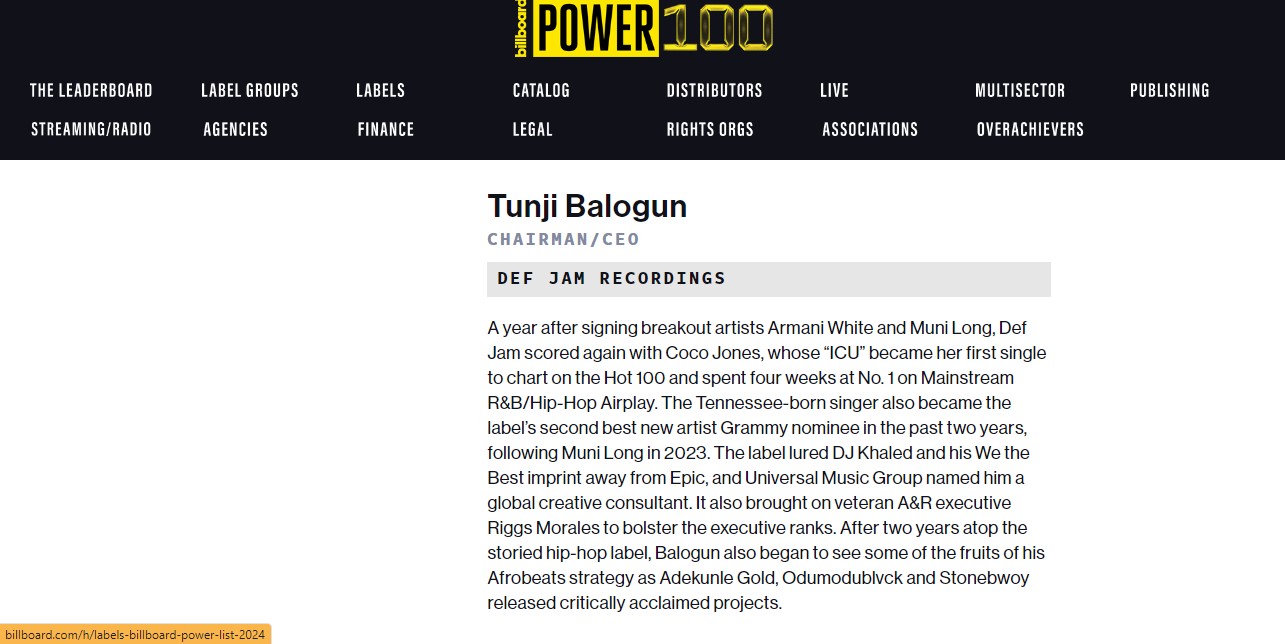 Tunji Balogun Of Def Jam Listed Among Billboard'S Top Labels, Yours Truly, News, May 15, 2024