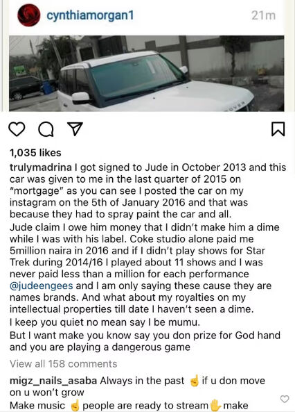 Cynthia Morgan Lashes Out At Jude Okoye Once More Over Unpaid Royalties, Yours Truly, News, May 2, 2024