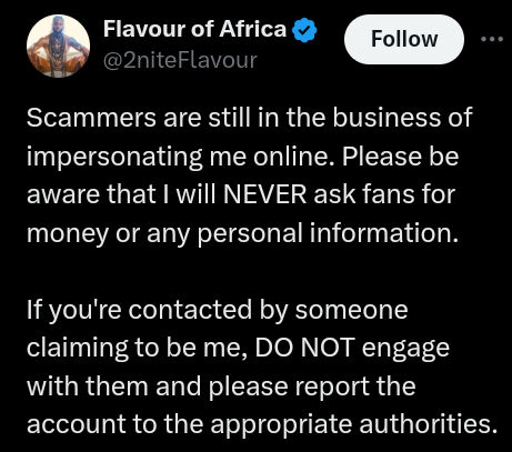 Flavour Cautions Fans About Being Duped By Online Crooks Posing As Him, Yours Truly, News, May 14, 2024