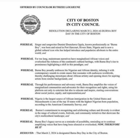 Boston Officially Announces March 2Nd As &Quot;Burna Boy Day&Quot;, Yours Truly, News, May 20, 2024