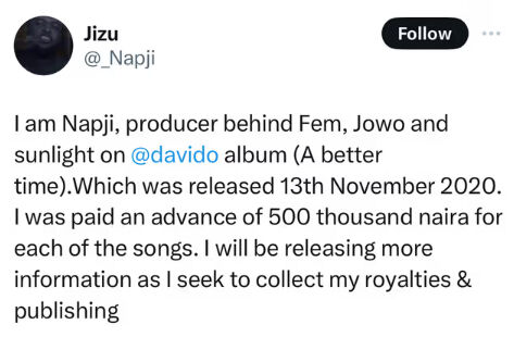 Music Producer, Napji, Goes Public With Davido'S Unpaid Music Royalties, Yours Truly, News, May 3, 2024